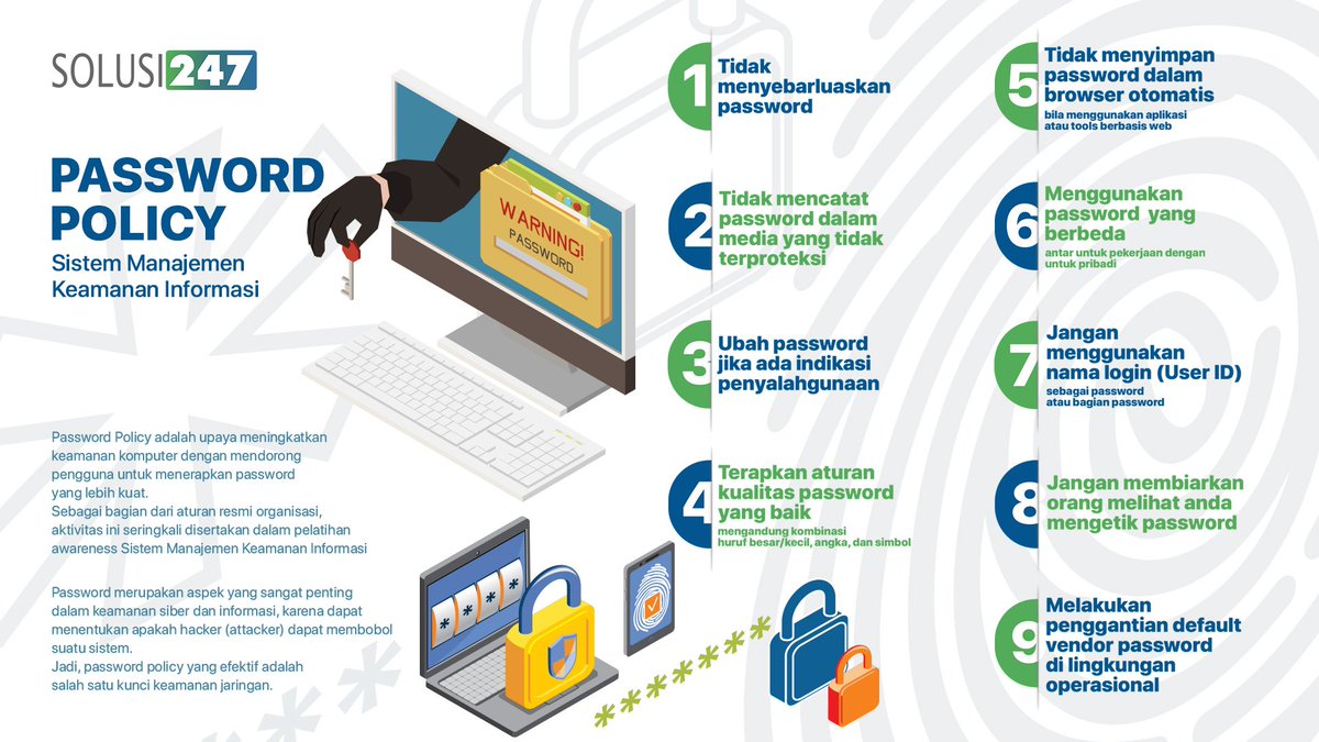 solusi247's tweet photo. Password Policy adalah upaya meningkatkan keamanan komputer dengan mendorong pengguna untuk menerapkan password yang lebih kuat.

#Solusi247 #ITSecurity #PasswordPolicy #Awareness #Cybersecurity  #SMKI #ISMS https://t.co/ovW71NYMSO