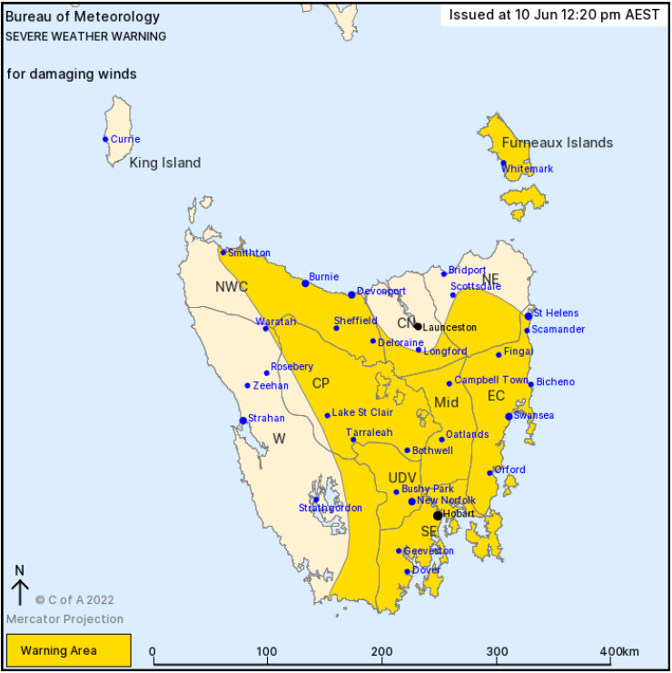 tasalert's tweet photo. .@BOM_Tas has issued a Severe Weather Warning - Damaging Winds for Flinders Island, Upper Derwent Valley, South East, East Coast, North West Coast, Central Plateau, Midlands and parts of Western, North East &amp; Central North forecast districts. 

More info: https://t.co/xztFB2OJpy https://t.co/4tq27Vd9kz