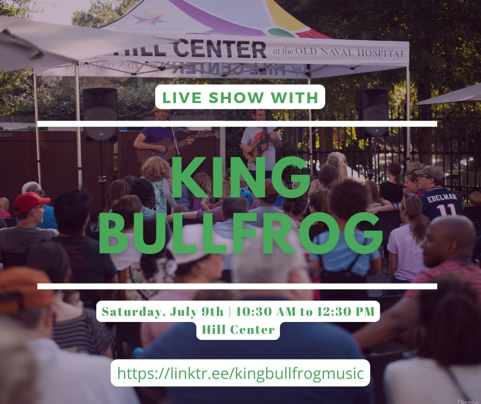 Howdy friends! Our next live show is Saturday, July 9th, 2022 from 10:30 AM - 12:30 PM! Come and join us at the Hill Center. We hope to see you there! 
Ticket link: linktr.ee/kingbullfrogmu…