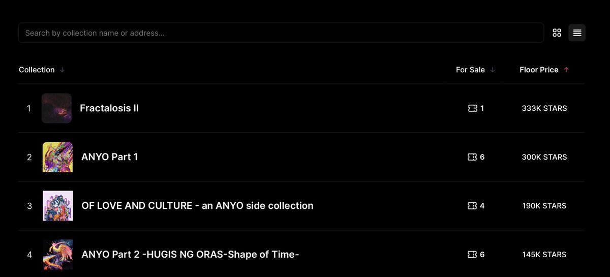 ✨ Website update

Marketplace collections can now be viewed as a list with floor price app.stargaze.zone/marketplace?vi…. You can also sort by collection by name, amount of tokens for sale and floor price.