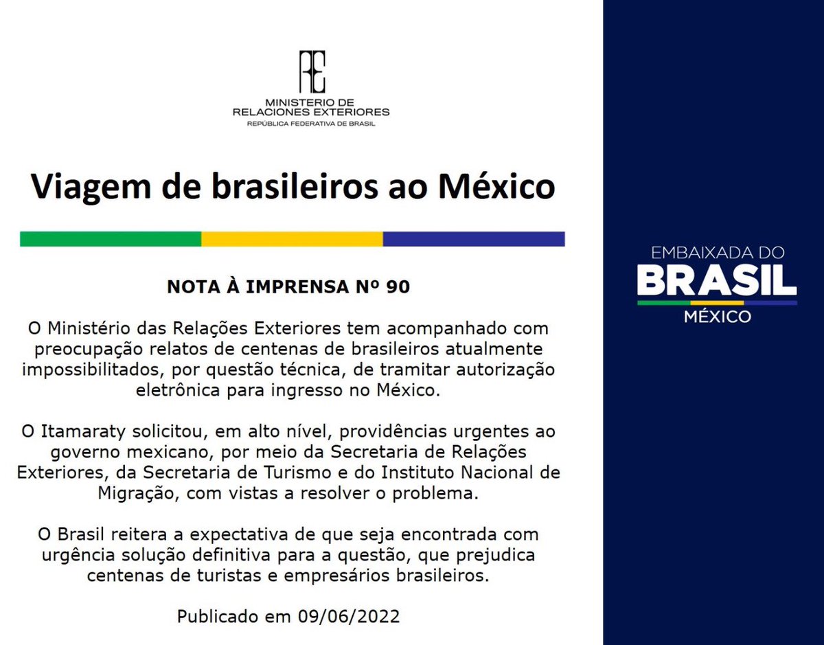 ⚠️Viagem de brasileiros ao México🇧🇷🇲🇽  
O <a href="/ItamaratyGovBr/">Itamaraty Brasil 🇧🇷</a> tem acompanhado com preocupação relatos de centenas de brasileiros atualmente impossibilitados, por questão técnica, de tramitar autorização eletrônica para ingresso no México.
🖇 bit.ly/3mv5hAt