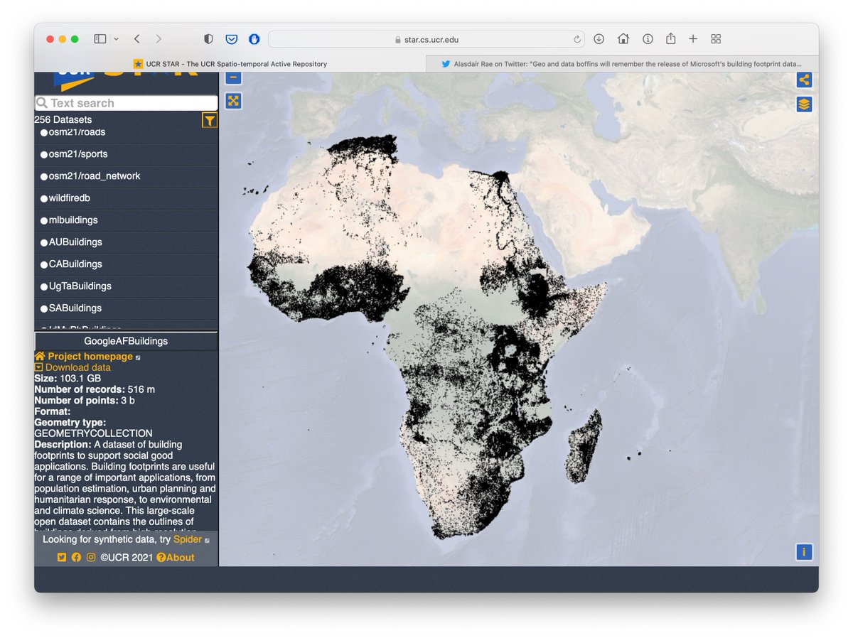 ucrstar's tweet photo. @Antidius36 @undertheraedar Check also the newest addition to UCR-Star, the Google building dataset in Africa with more than 500 million buildings overall. The coverage is much higher than the Microsoft building dataset but the quality is a different story.
https://t.co/vcZpzxtApM https://t.co/bKaIbiF0Z6