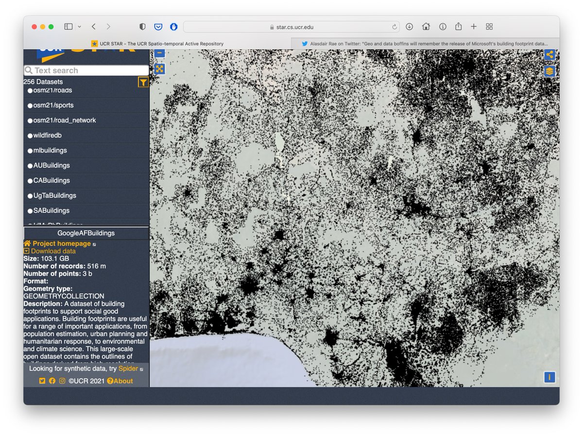 ucrstar's tweet photo. @Antidius36 @undertheraedar Check also the newest addition to UCR-Star, the Google building dataset in Africa with more than 500 million buildings overall. The coverage is much higher than the Microsoft building dataset but the quality is a different story.
https://t.co/vcZpzxtApM https://t.co/bKaIbiF0Z6