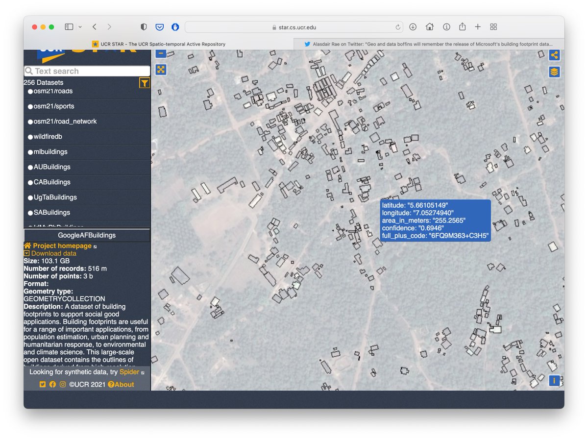 ucrstar's tweet photo. @Antidius36 @undertheraedar Check also the newest addition to UCR-Star, the Google building dataset in Africa with more than 500 million buildings overall. The coverage is much higher than the Microsoft building dataset but the quality is a different story.
https://t.co/vcZpzxtApM https://t.co/bKaIbiF0Z6