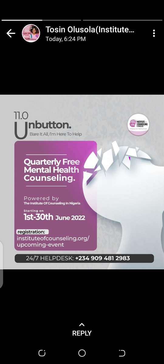 preshnext's tweet photo. @kharisConcepts It's saddening that you had to experience this. I pray you get the help you need. You can reach out to this institute for therapy. I benefitted from the free counseling they did in March. They are currently doing another one this June. https://t.co/M2fhP4uEXi