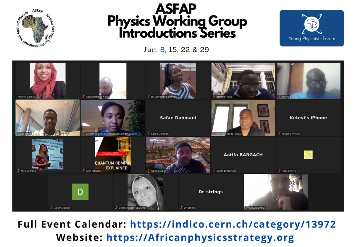 AspCommunity's tweet photo. We completed a successful @StrategyAsfap— Physics Working Group Introductions Series I. A special thanks to our ASFAP— PWG Co-conveners and of course to the participants (young physicists & seniors).
.
.
.
#ASFAP
#YPF
#PWG
#AfricanStrategy
#Physics
#Education
#Outreach https://t.co/M4i7YXmwiZ