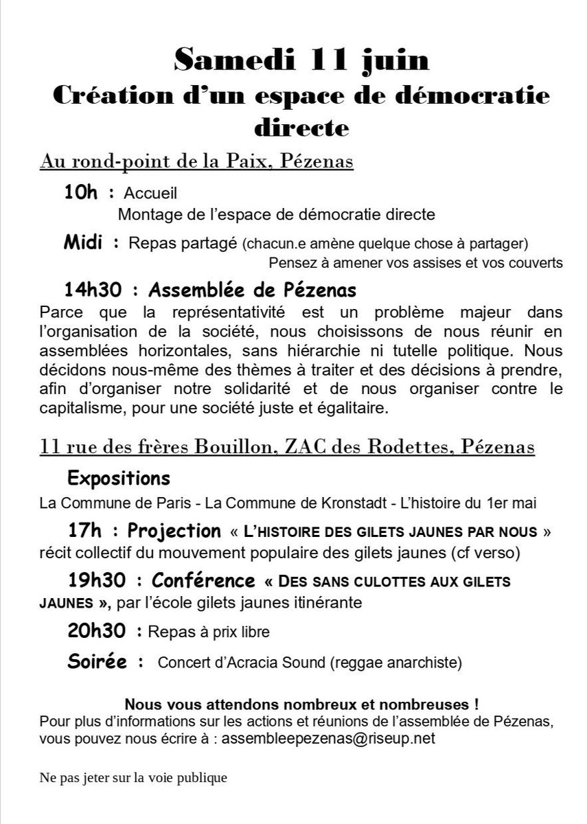 Gj_Par_Nous's tweet photo. PEZENAS 34120. Événement le samedi 11 juin ! Toutes la journée ! 😸💛rond-point de la Paix, Pézenas. 🚐🪂📽️📢🦺💃🎛️🎸🍺Pour plus d’informations sur les actions et réunions de l’assemblée de assembleepezenas@riseup.net https://t.co/OGglWrWSbN