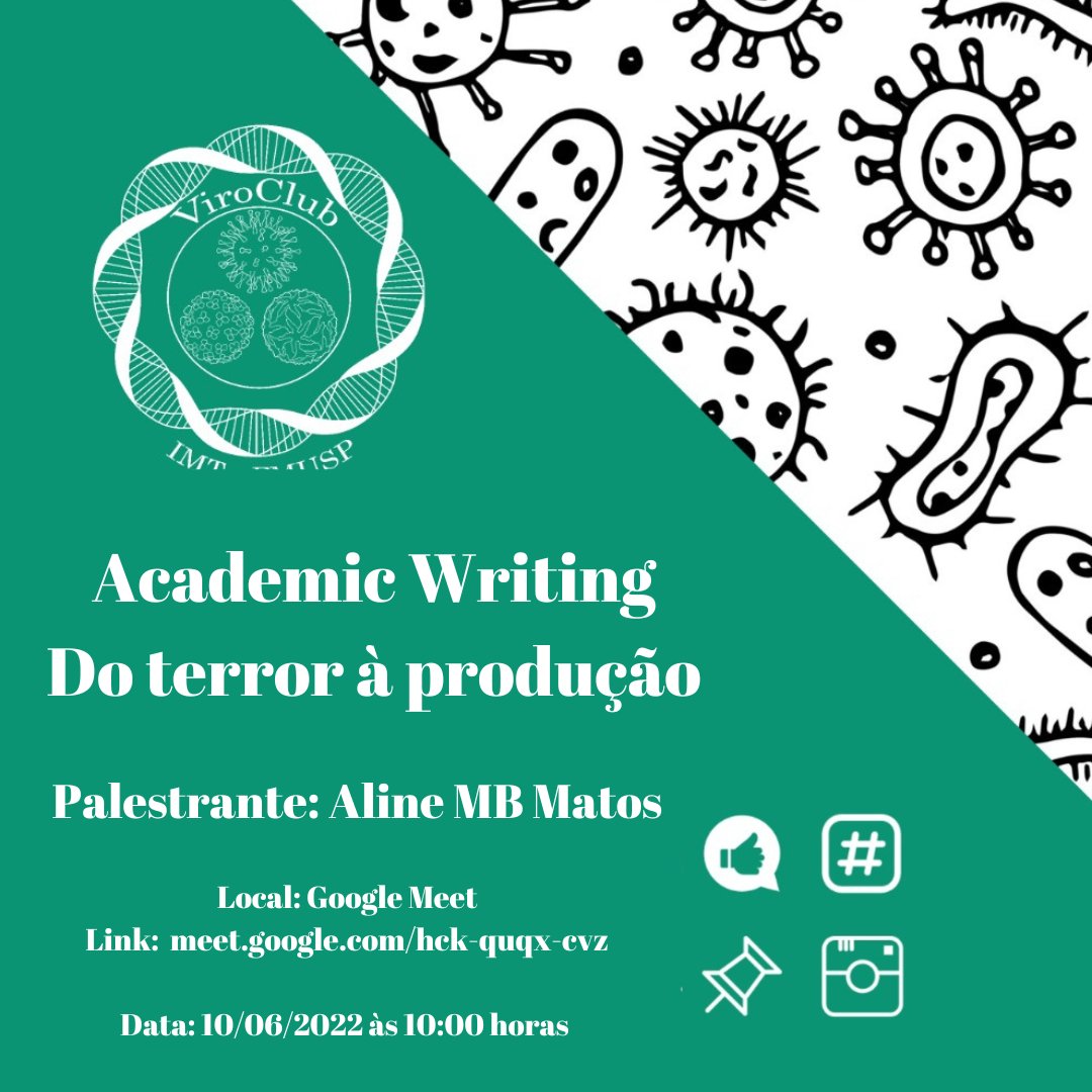 viroclubfmusp's tweet photo. Nesta sexta-feira teremos mais um encontro do ViroClub, novamente em formato online! O tema abordado será "Academic Writing - do terror à produção", com a doutoranda Aline Matos (@alinembmatos)
#virologia #medtwitter #ciência #virology #virologylab #usp #fmusp #biomedtwitter https://t.co/pG4LX53bxc