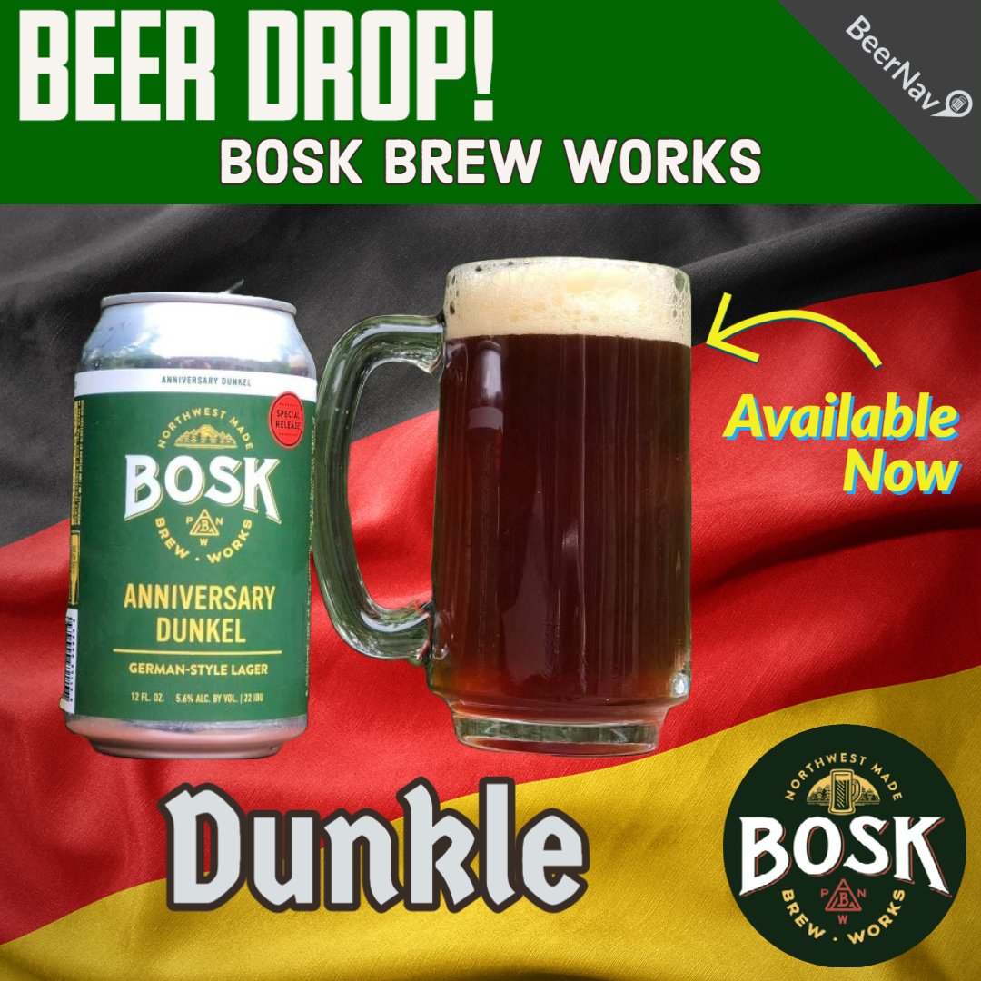 BeerNav's tweet image. 🚨🚨🚨 Beer Drop Alert! On tap and in 6 packs TODAY. @BoskBrew releases their 4th Anniversary German Dunkle. 

Style: German Dark Lager/ ABV: 5.6% / IBU: 22
Hops: Magnum and Tettnang

#beerdrop #wabeer #washingtonbeer #drinkwabeer #pnwbeer #woodinville #seattlebeer #tacomabeer