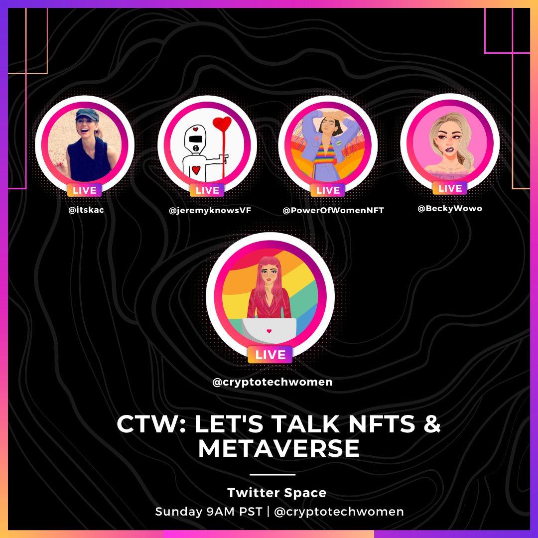 CTW (@cryptotechwomen) on Twitter photo Any plans Sunday? Come hang out as we talk NFTs & Metaverse with some of our favorite people. 👏🏽
Joining us as speakers <a href="/itskac/">Kelly Ann Collins</a> <a href="/jeremyknowsVF/">Jeremy Knows | VeeFriends</a> <a href="/PowerOfWomenNFT/">PowerOfWomenNFT</a> <a href="/BeckyWowo/">Becky Wowo 💕 itsbeckybitch.eth</a> ✨
Our host <a href="/gianinaskarlett/">Gigi | CTW 🇻🇪</a>
Add to your calendar here 👉🏽x.com/i/spaces/1jMJg… Any plans Sunday? Come hang out as we talk NFTs & Metaverse with some of our favorite people. 👏🏽
Joining us as speakers <a href="/itskac/">Kelly Ann Collins</a> <a href="/jeremyknowsVF/">Jeremy Knows | VeeFriends</a> <a href="/PowerOfWomenNFT/">PowerOfWomenNFT</a> <a href="/BeckyWowo/">Becky Wowo 💕 itsbeckybitch.eth</a> ✨
Our host <a href="/gianinaskarlett/">Gigi | CTW 🇻🇪</a>
Add to your calendar here 👉🏽x.com/i/spaces/1jMJg…