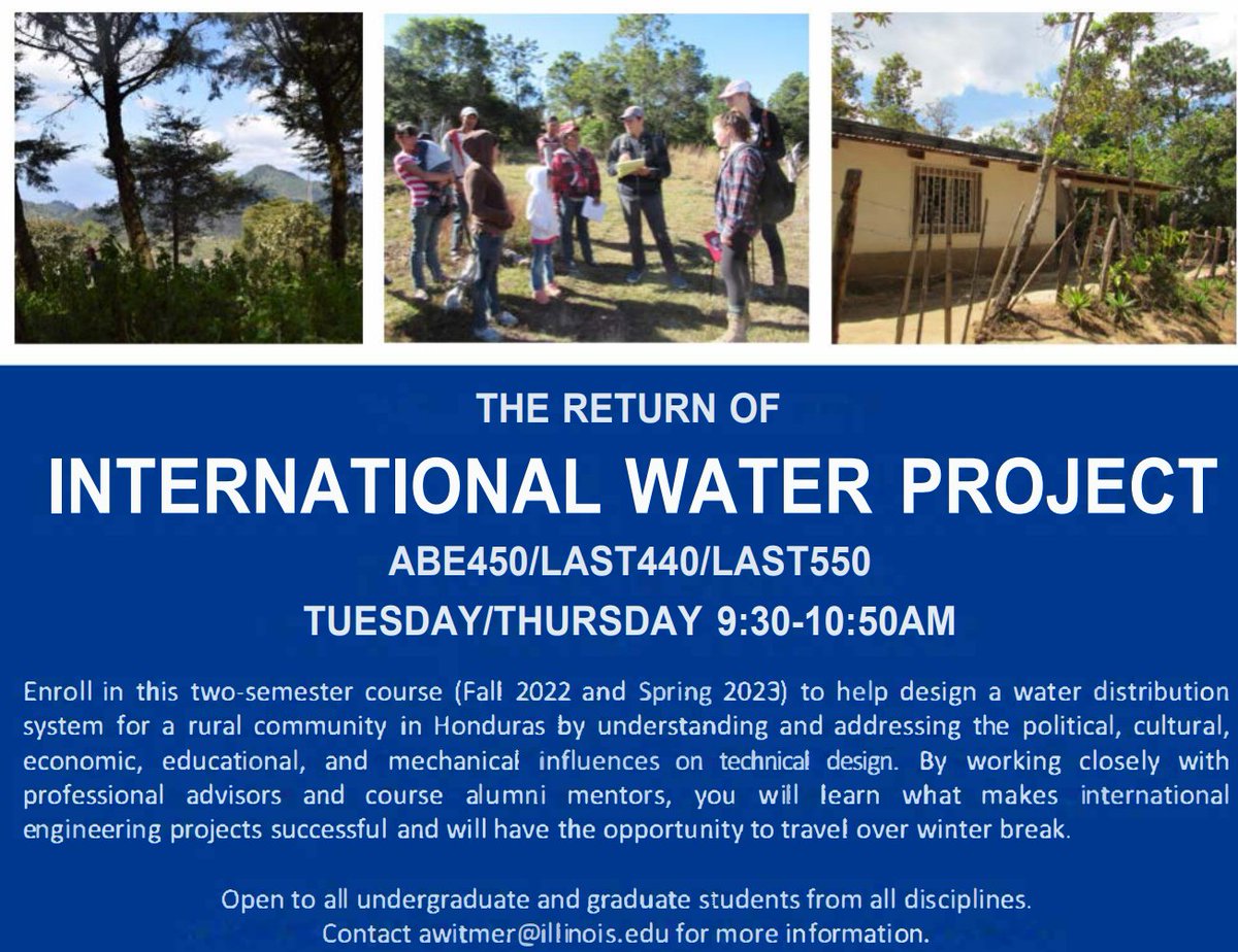 Need a new class to take? Try ABE 450 - also cross listed as LAST 440/LAST 550. This class will take place on Tuesdays and Thursdays from 9:30-10:50.

Check out this full-year course where you can help design a water distribution system for a rural community.