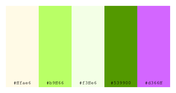ColPaletteBot's tweet photo. Beep beep, here's a pretty color palette for you!
color-scheme.js parameters used:
- hue: 302
- variation: hard
- colors: #fffae6, #b9ff66, #f3ffe6, #539900, #d366ff
Have a lovely evening!
#twitterbot #colorpalette #colors #palette #prettycolors https://t.co/E9YOKA6eVt