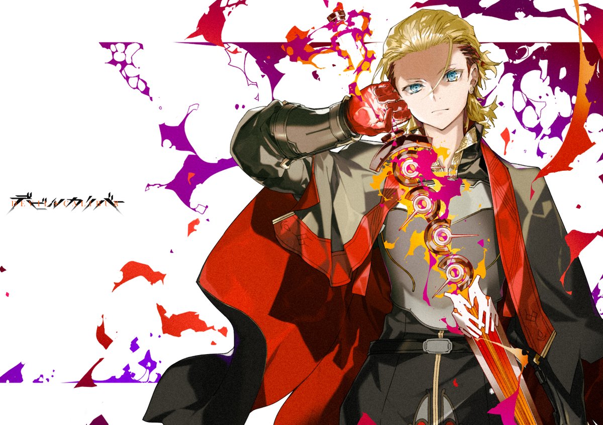 1boy blonde hair male focus blue eyes solo cape red gloves  illustration images