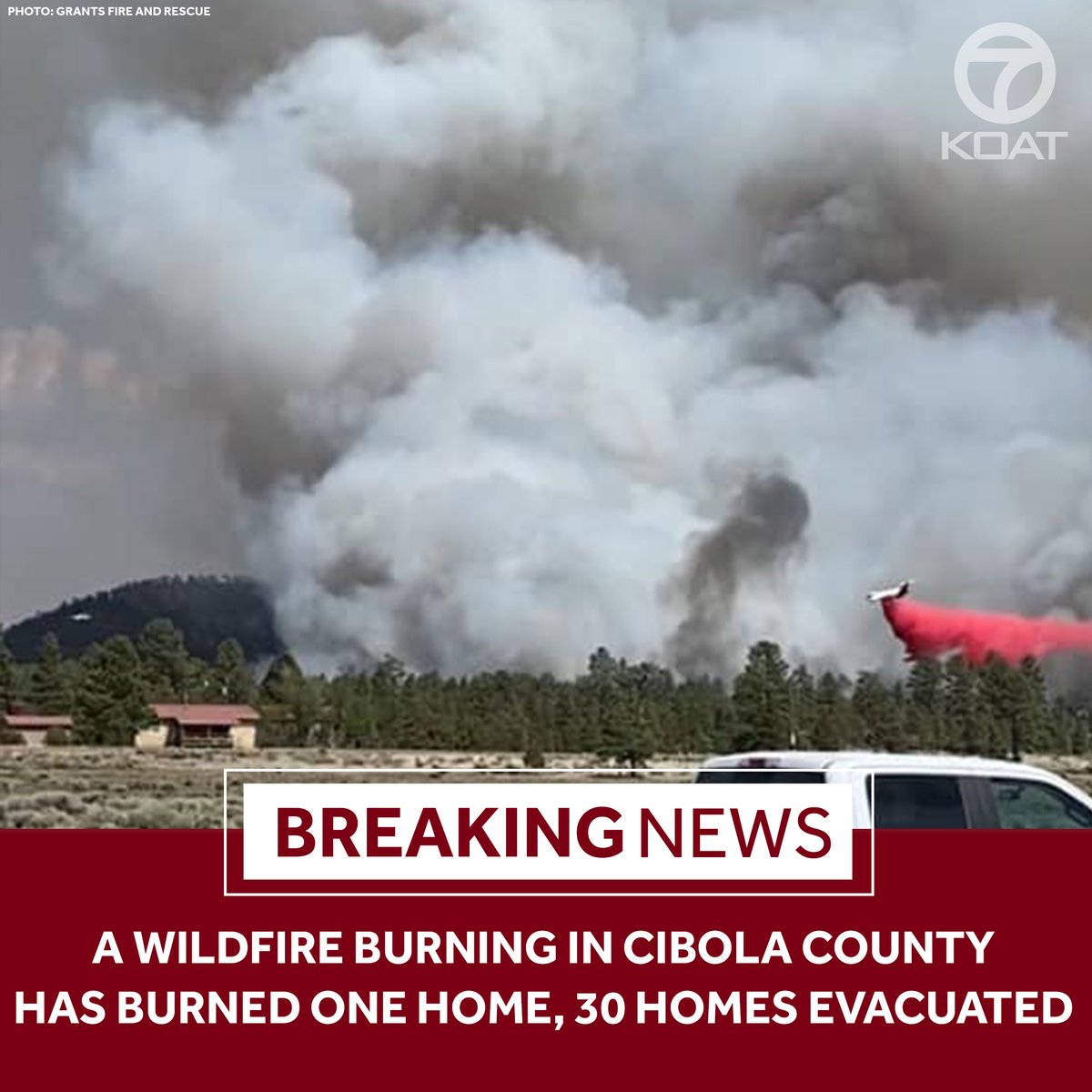 koat7news's tweet image. One home has burned in a wildfire burning in Cibola County. Thirty homes have been evacuated. The Red Cross is setting up a shelter in Grants for evacuees.