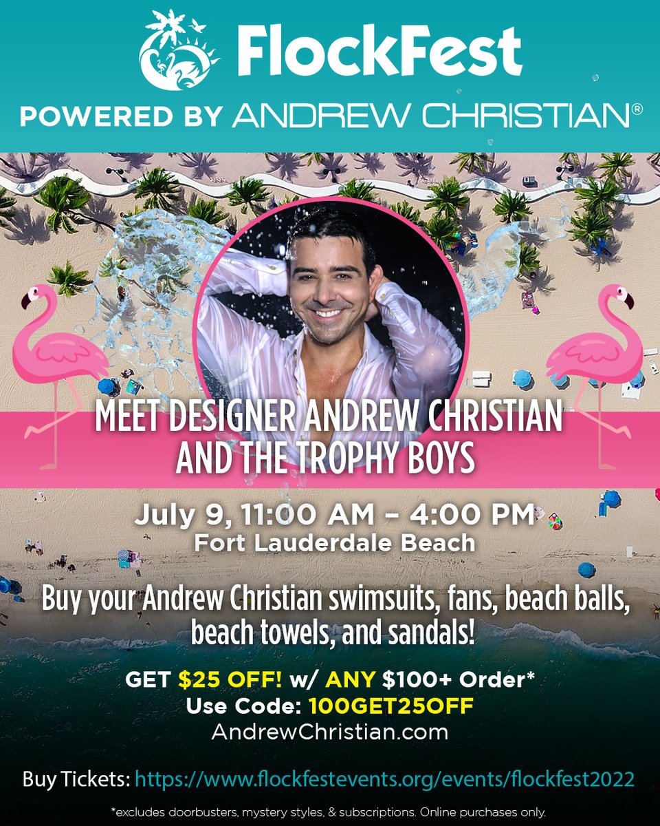 andrewchristian's tweet photo. Looking for a good FLOCK?
#AndrewChristian is a proud sponsor of @FlockFestFTL Come out and meet the very own Andrew Christian and the sexy #TrophyBoys July 9th!
For tickets and moer info visit >.>https://t.co/VFqKRCKIbu #flockfestevents #flockfest #beachparty #beachparty2022 https://t.co/sStSDqbIRb