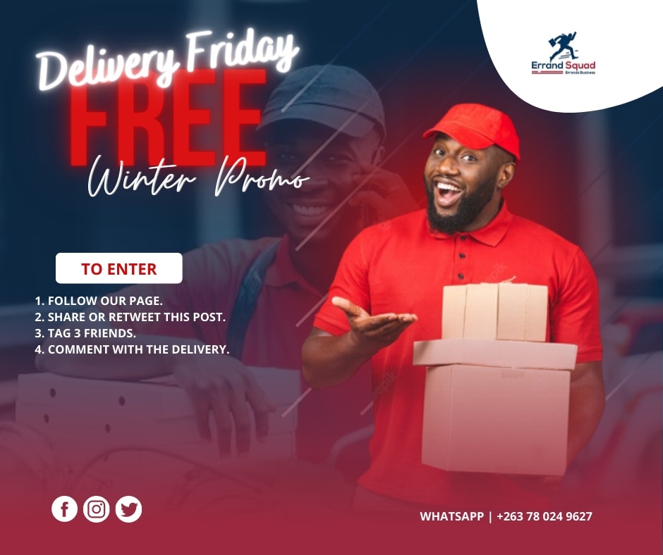 ErrandSquad_zw's tweet photo. #FreeDeliveryFriday in and around Harare CBD by following us and mentioning the errand you need done in the comments se
✅Follow Us & Share Our Page
✅ Comment using the Delivery you need done.
✅Tag 3 friends in the Comments Section
NB : Winner to be announced Friday. https://t.co/pGoemfpViE