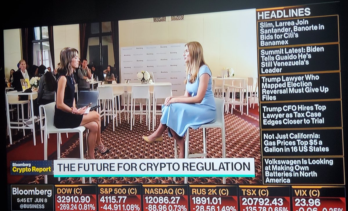 The future of #Cryptoregulation discussed on <a href="/BloombergTV/">Bloomberg TV</a> yesterday (June 8, 2022) with  <a href="/emilychangtv/">Emily Chang</a> during her interview with <a href="/michellebailhe/">Michelle (Bailhe) Fradin</a> of #sequoiacapital at the <a href="/technology/">Bloomberg Technology</a> Summit in San Francisco (on the left in the background)