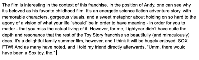 Really enjoyed the Lightyear premiere! Great to see old friends, and had a blast on the ferris wheel and bouncy slide. Sox really is the standout! Thoughts on the film below.