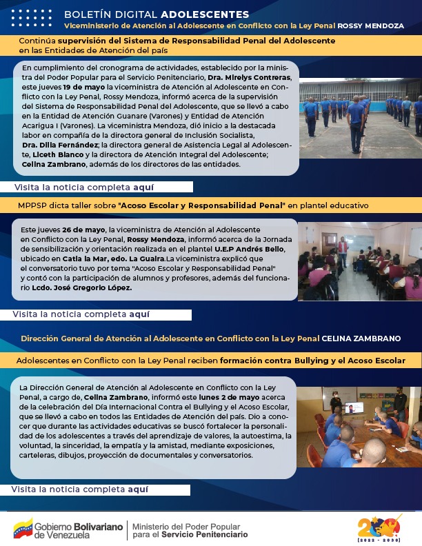 mppsp_vzla's tweet image. Sigue de cerca la Atención Integral que brinda el Ministerio para el Servicio Penitenciario a los adolescentes en Conflicto con la Ley Penal y Jóvenes Adultos.
Lee y comparte nuestro Boletín del mes de mayo

¡Seguimos formando para el futuro de la Patria!
#VenezuelaYArgeliaUnidas