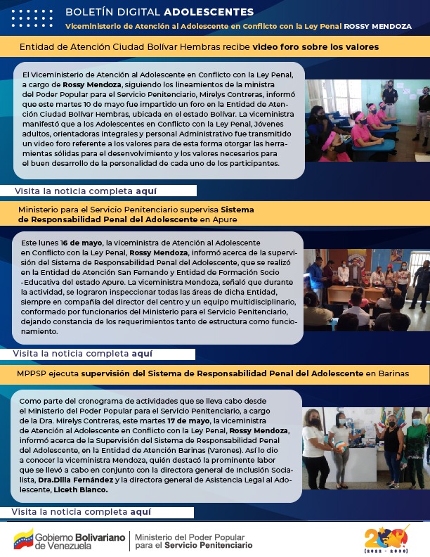 mppsp_vzla's tweet image. Sigue de cerca la Atención Integral que brinda el Ministerio para el Servicio Penitenciario a los adolescentes en Conflicto con la Ley Penal y Jóvenes Adultos.
Lee y comparte nuestro Boletín del mes de mayo

¡Seguimos formando para el futuro de la Patria!
#VenezuelaYArgeliaUnidas