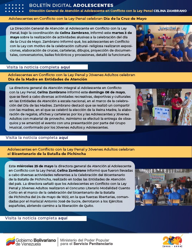 mppsp_vzla's tweet image. Sigue de cerca la Atención Integral que brinda el Ministerio para el Servicio Penitenciario a los adolescentes en Conflicto con la Ley Penal y Jóvenes Adultos.
Lee y comparte nuestro Boletín del mes de mayo

¡Seguimos formando para el futuro de la Patria!
#VenezuelaYArgeliaUnidas