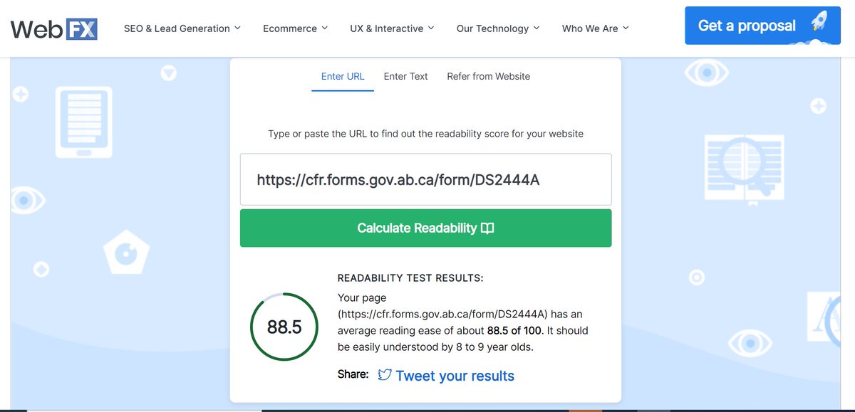 Wow, the new AISH application form has an 88.5% readability rating!  Thank you!  #plainlanguage #cutredtape #literacy cfr.forms.gov.ab.ca/form/DS2444A has average reading ease of about 88.5 of 100 webfx.com/tools/read-abl… #AbLeg