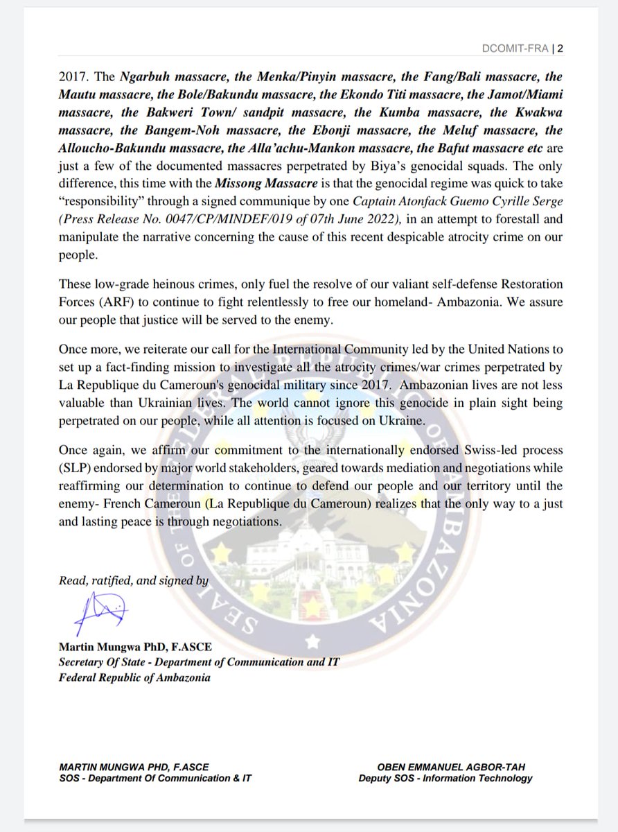 Message from the Interim Government of the Federal Republic of Southern cameroons denouncing the genocidal acts perpetrated on its people by French cameroun <a href="/TiborPNagyJr/">Tibor Nagy</a> <a href="/EmilyThornberry/">Emily Thornberry</a> <a href="/EmmanuelMacron/">Emmanuel Macron</a> <a href="/BorisJohnson/">Boris Johnson</a> <a href="/NicolaSturgeon/">Nicola Sturgeon</a> <a href="/Keir_Starmer/">Keir Starmer</a> case of botched decolonisation