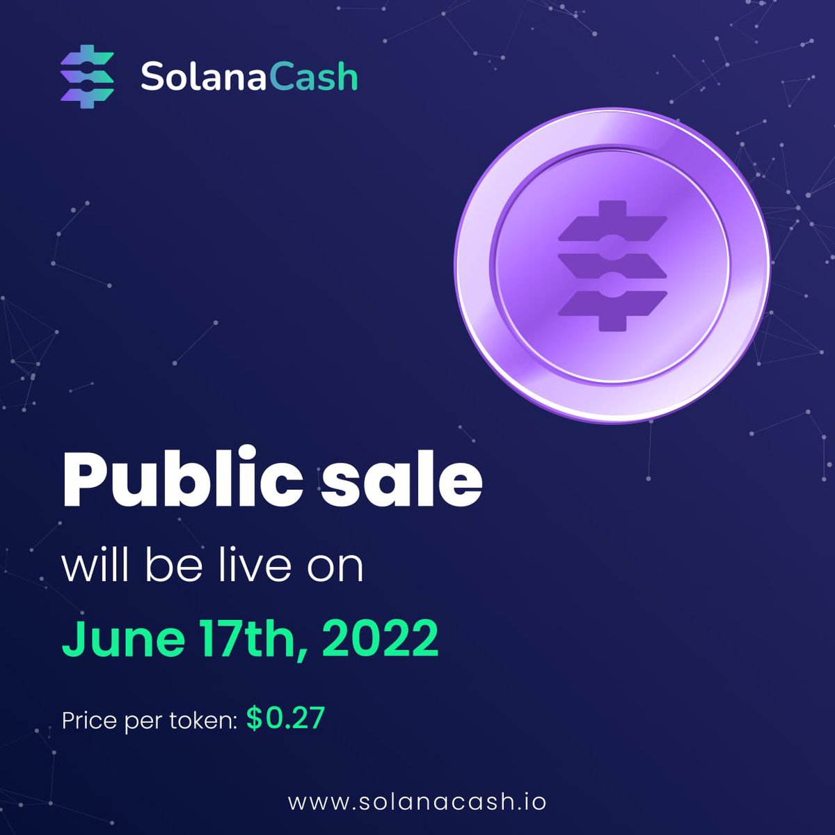 Mansa_Trade's tweet photo. Public Sale Date: June 17th, 2022.
Price per Solch : $0.27
Tokens for Sale : 2,500,000 Solch
Soft cap: 1,200,000 Solch
Swap Solch with Sol, USDC and USDT
Where: https://t.co/9SWdd0zbqe
Launch date announced once soft cap is reached.
#solana #solabacash #solch https://t.co/KqvzpWlDPt