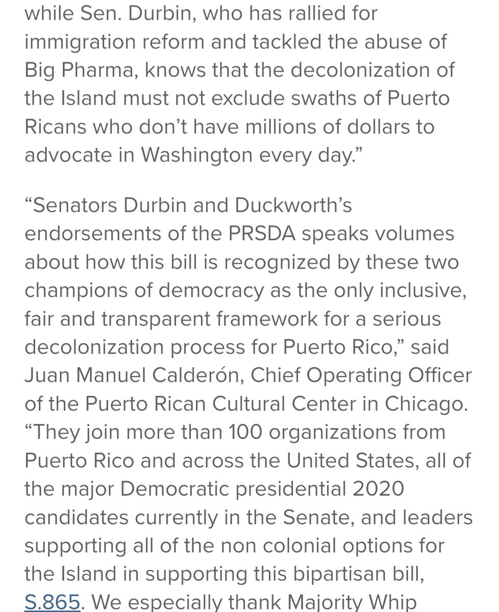 Pwr4PuertoRico's tweet photo. "We applaud @SenatorDurbin and Sen. @TammyDuckworth for standing up for the only bill that would decolonize #PuertoRico in a truly democratic way, with the people impacted by US colonialism at the front and center,” said Power 4 Puerto Rico Director Erica González. #PRSDA https://t.co/87dlDtRPJz