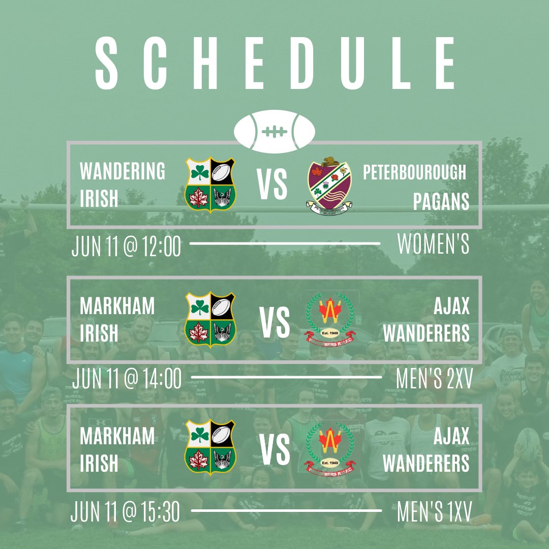 MarkhamIrishRC's tweet photo. It's another big weekend at home this weekend!

Come cheer on your fellow Irish at 150 Austin Drive!

12:00 Womens team kick off against Peterborough Rugby Club 

14:00 Mens 2XV followed by Mens X1v vs Ajax Wanderers Rugby Union Football Club 

#MICRC #MarkhamIrishRugby https://t.co/CScA88hbx2