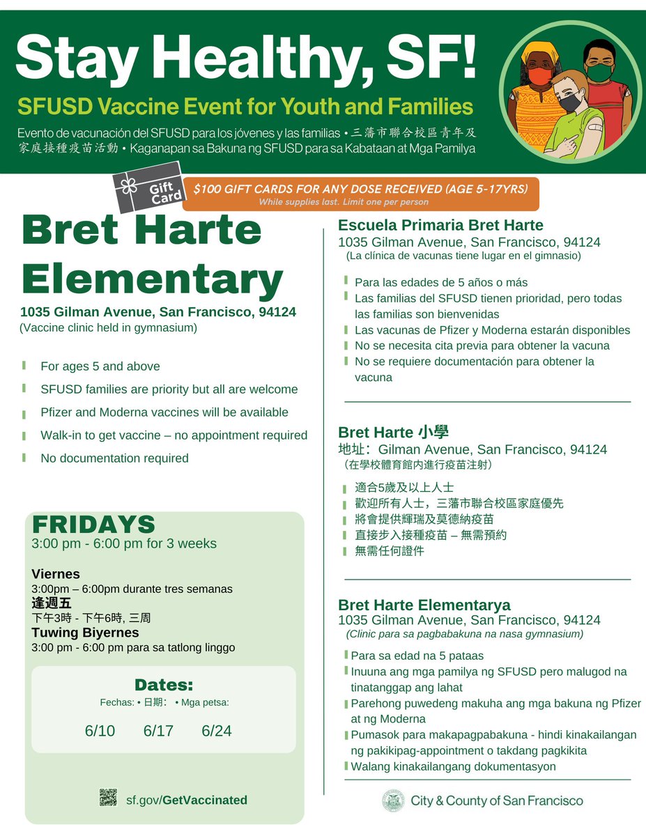 SF_DPH's tweet photo. Our @SFUnified pop-up at Bret Harte Elementary has been extended through June! Youth ages 5 to 17 can drop in today from 3 pm to 6 pm for their vax or booster and receive a $100 gift card for their families, while supplies last. βοΈπΆοΈπ #VaccinateSF #GetBoostedSF https://t.co/jUAAJaQHxY