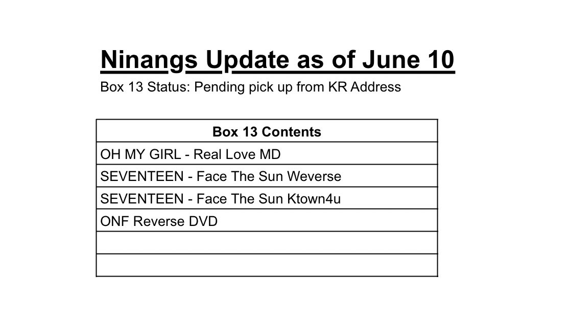 NinangsForONF's tweet photo. #NinangsUpdate
Box 13 scheduled for pick up from KR address https://t.co/MnZ4rTc2Gg