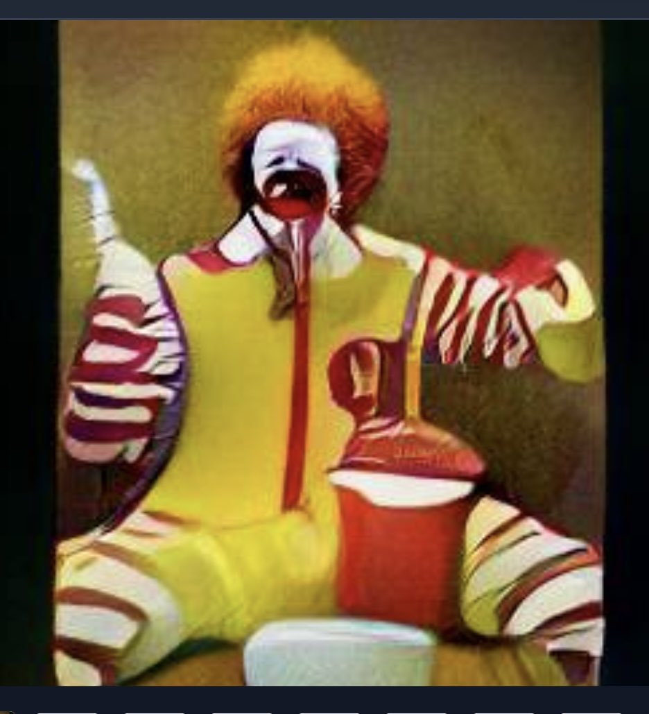 M0NT0NE's tweet photo. Freddy Mercury Ronald McDonald eating #dallemini https://t.co/0KQgjdYT9A