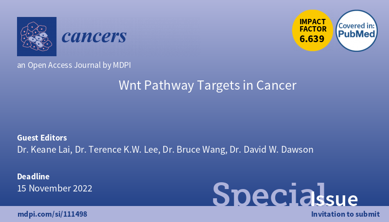 CS9VLzp6LyZeSdv's tweet photo. 📢special issue "#WntPathway #Targets in #Cancer" is open for submissions!👏👏👏
👥edited by Dr. Keane Lai, Dr. Terence K.W. Lee, Dr. Bruce Wang and Dr. David W. Dawson
📌https://t.co/apwESdqeCg #mdpicancers via @Cancers_MDPI https://t.co/e3H4cAh8ks