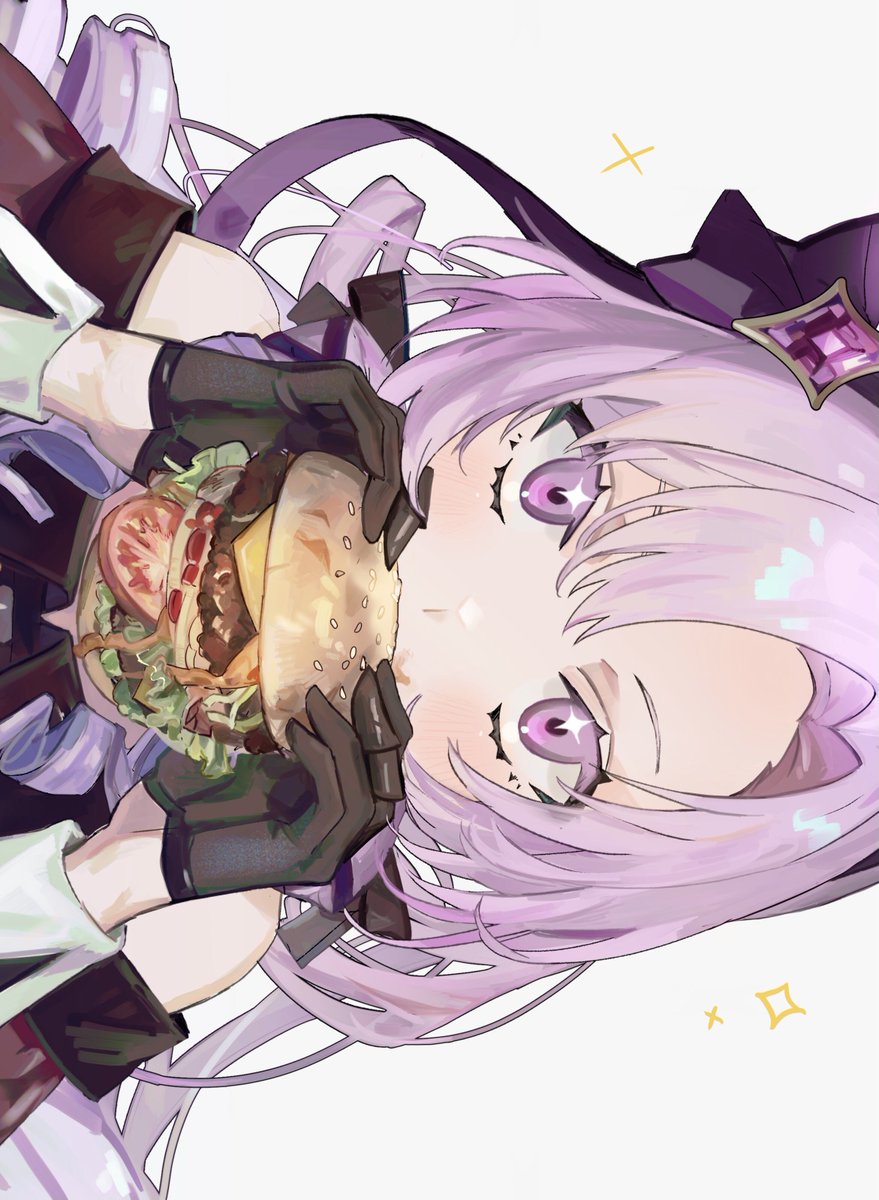 hyakumantenbara salome 1girl gloves solo burger food eating purple eyes  illustration images