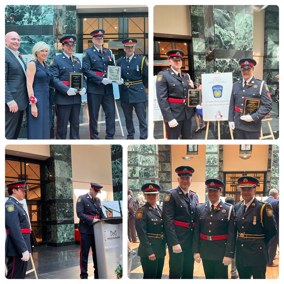 Congratulations and thank you to @PeelPolice Cst.Glabb & Cst.Petrucci. 

Tonight they were awarded the @MREBRealtors Police Merit Award for rescuing a trapped man from a burning car. #PolicingExcellence.