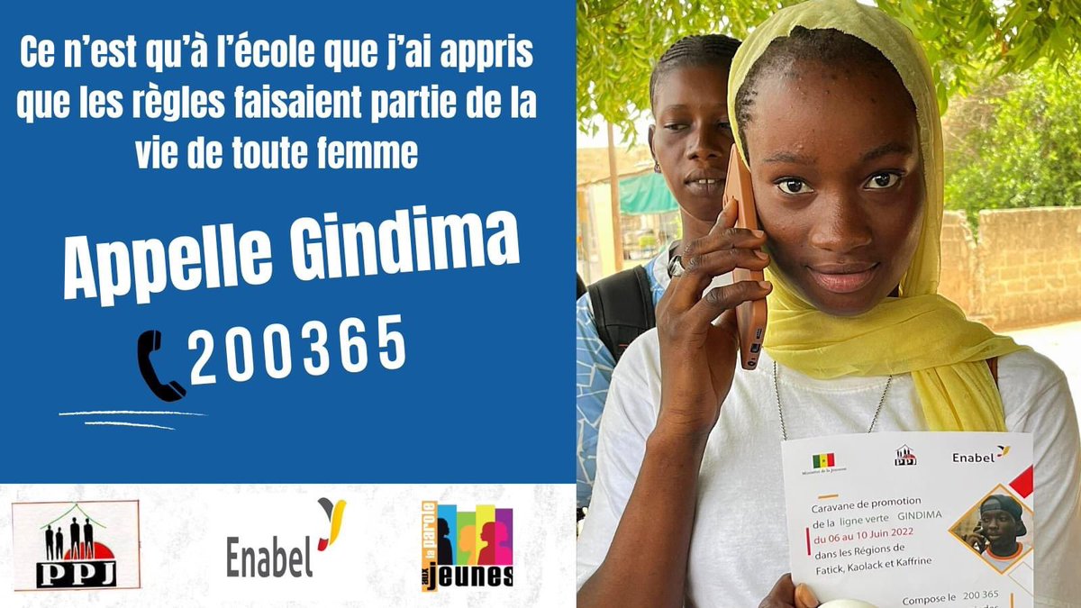 Paroleaujeunes's tweet photo. Ce n’est qu’à l’école que j’ai appris que les règles faisaient partie de la vie de toute femme. #Gindima la ligne qui informe...@ministerejeune @PpjSenegal https://t.co/vAFtEK7mUN