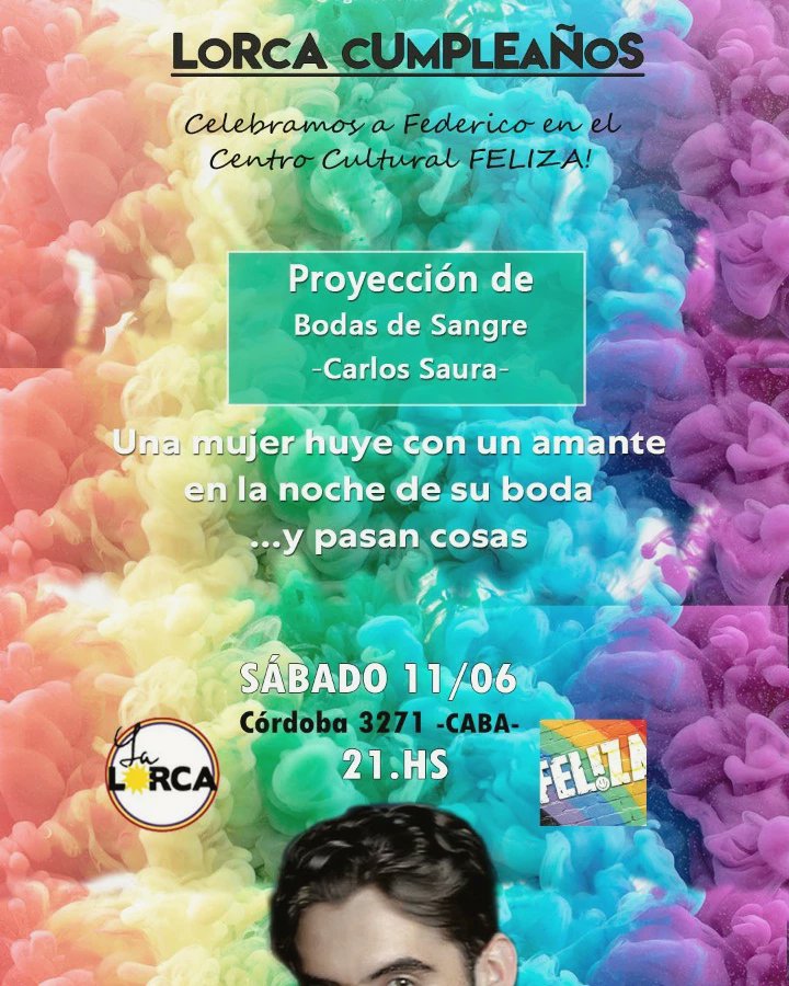 LaGarciaLorca's tweet photo. Festejamos el cumple de Lorca en Buenos Aires 🍰🥂 
A 124 años del natalicio del poeta más brillante del S.XX aún desaparecido por el franquismo, celebramos su vida en @FelizaArcoiris! 🌈 Lugar que valoramos por su compromiso social y cultural con la comunidad.

 #Lorca #pride https://t.co/9f68GfaBID