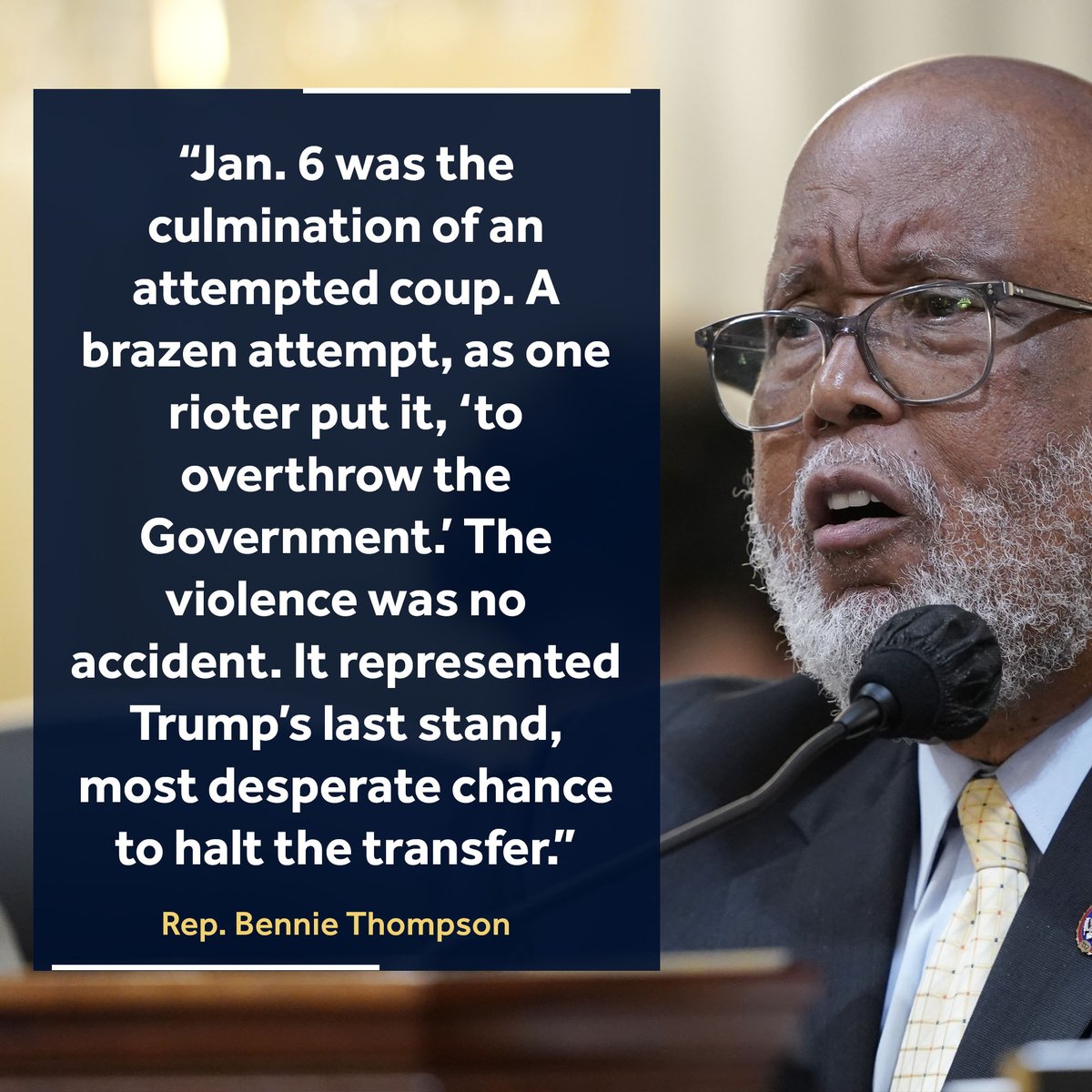 WGAL's tweet photo. Rep. Bennie Thompson, chairman of the House committee investigating the Jan. 6 Capitol insurrection, opens Thursday’s hearing, saying: “Jan. 6 was the culmination of an attempted coup.” https://t.co/AVzK4uBRsF
