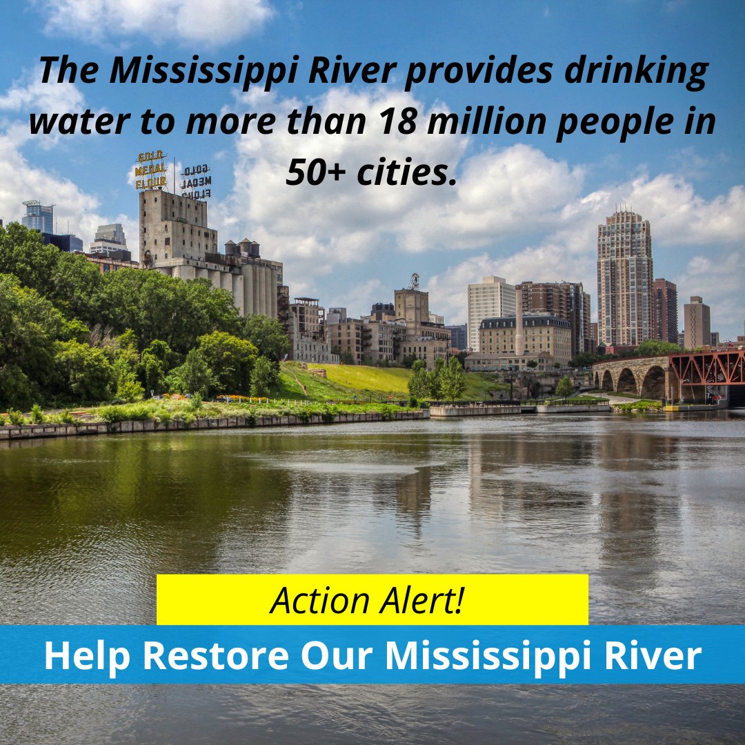 Did you know the #mississippriver provides drinking water to more than 18 million people in 50+ cities and towns? We must protect all who depend on this #cleanwater. Take this 30-second action now to help Restore Our Mississippi River: bit.ly/ActNowRestoreO…