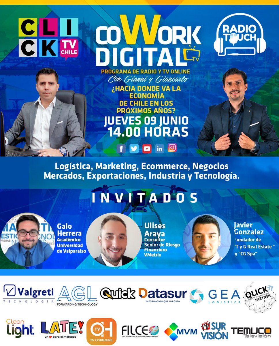 ulisesarayad's tweet photo. Hoy me invitaron a conversar sobre perspectivas económicas de Chile con @GiancarloMkt, @gcontenla, @galoherrera y Javier G. en #CoworkDigital.
Espero que puedan ver el programa en las distintas plataformas ya que hablamos de temas como la #inflacion, #crecimiento y #futuropais https://t.co/9NEsIsVJr7