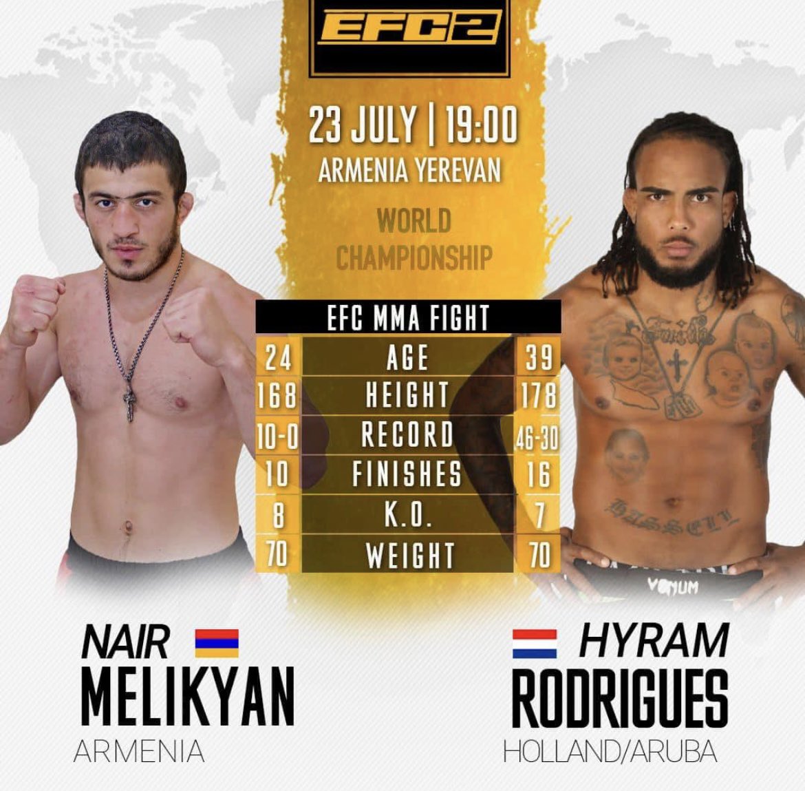 ArmFightZone's tweet photo. FIGHT NEWS ! 💥
Nair Melikyan🇦🇲 (10-0)
🆚
Hyram Rodrigues🇳🇱 (17-30)
Le 23 juillet 🗓 a l’#EFC2 https://t.co/YiKfJ9GcEQ