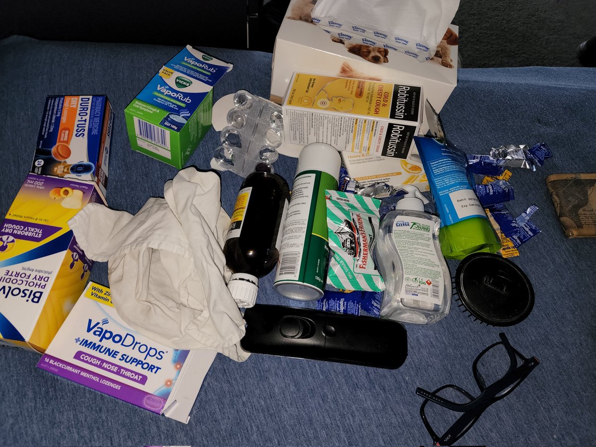 EdHore's tweet photo. My care zone. Everything in reach for day 3 of my #covidpositive life. 

I'm feeling better. But still pretty sore and now a little foggy.

#covid_19 #covidkindness #covidzone #isolife #isolation https://t.co/XyMEB4YKBw