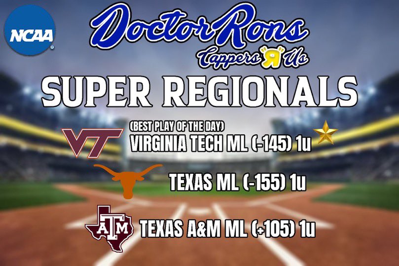 Doctorrons1's tweet photo. Day 1 NCAA Super Regionals 🎉 

I know, very chalky. But 3 plays, 3 winners. Let’s roll tomorrow 🫡 https://t.co/l7ut7wcqv4