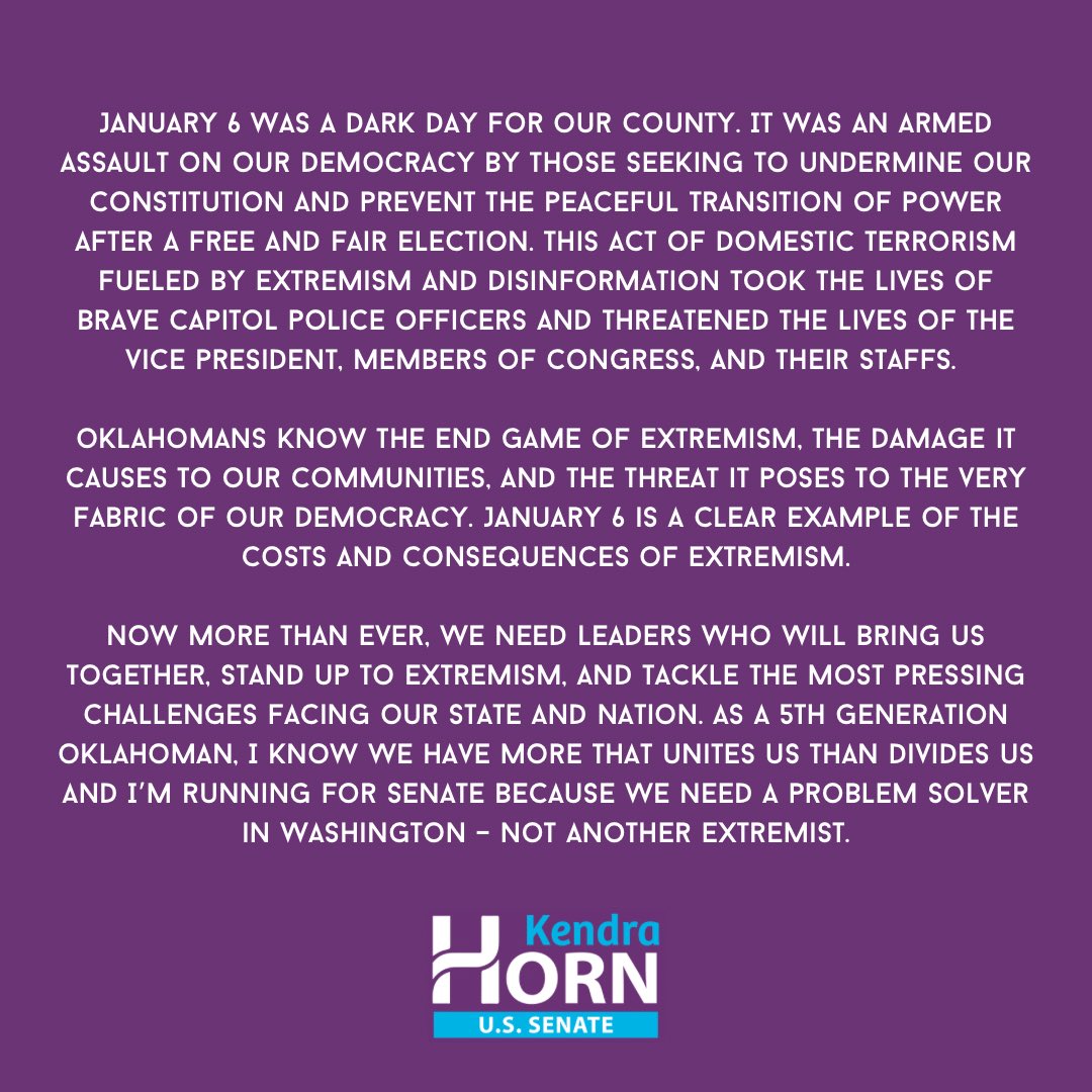 VoteKendraOK's tweet photo. Oklahomans know the end game of extremism, the damage it causes our communities, and the threat it poses to the very fabric of our democracy. January 6 is a clear example of the costs and consequences of extremism and disinformation. #January6CommitteeHearings https://t.co/zOHpE6PsSO