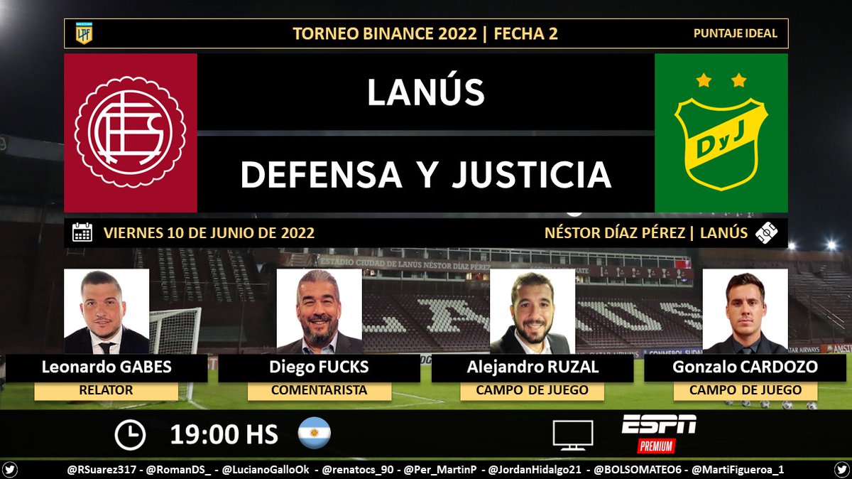 Puntaje_Ideal's tweet photo. ⚽ #TorneoBinance 🇦🇷 | #Lanús vs. #Defensa
🎙 Relator: @leogabes
🎙 Comentarista: @ChavoFuchs
🎙 Campo de juego: @AleRuzal y @GHCardozo
📺 ESPN Premium 🇦🇷
🤳 #ESPNPremium - #PackFutbol
Dale RT 🔃 https://t.co/H31969P9ct