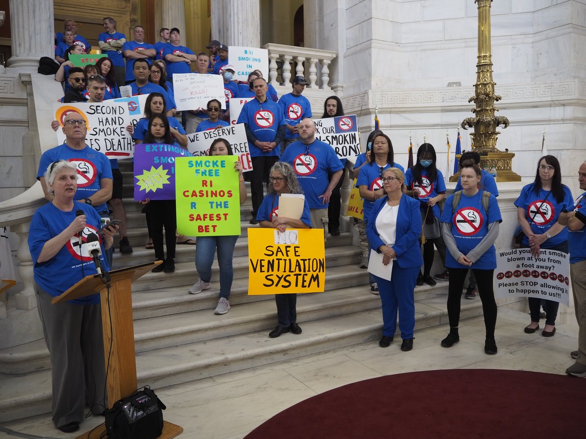 Members of the Laborers International Union of North America (LIUNA) Local 271  rally with Rep. Teresa A. Tanzi at the Statehouse in support of Tanzi's bill seeking to end indoor tobacco product smoking in casinos.