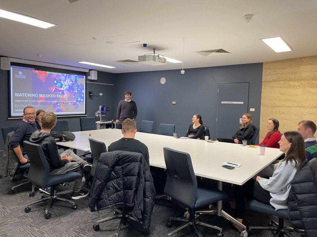 Fantastic to have ⁦<a href="/DrDanCarragher/">Dan Carragher</a>⁩ talk at our ⁦<a href="/CAIN_Lab/">CAIN</a>⁩ meeting about the effects of mask wearing on facial recognition 😷 v ☺️

And welcome 🤗 to our new PhD student, Connor from 🏴󠁧󠁢󠁳󠁣󠁴󠁿, who will be working on a VR therapy project.

⁦<a href="/BBBRC_/">Behaviour-Brain-Body</a>⁩