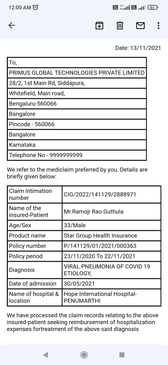 Anasuri_Satish's tweet photo. @StarHealthIns Star health has rejected genuine COVID claim due to funny reasons. https://t.co/bNf4Ys40vm