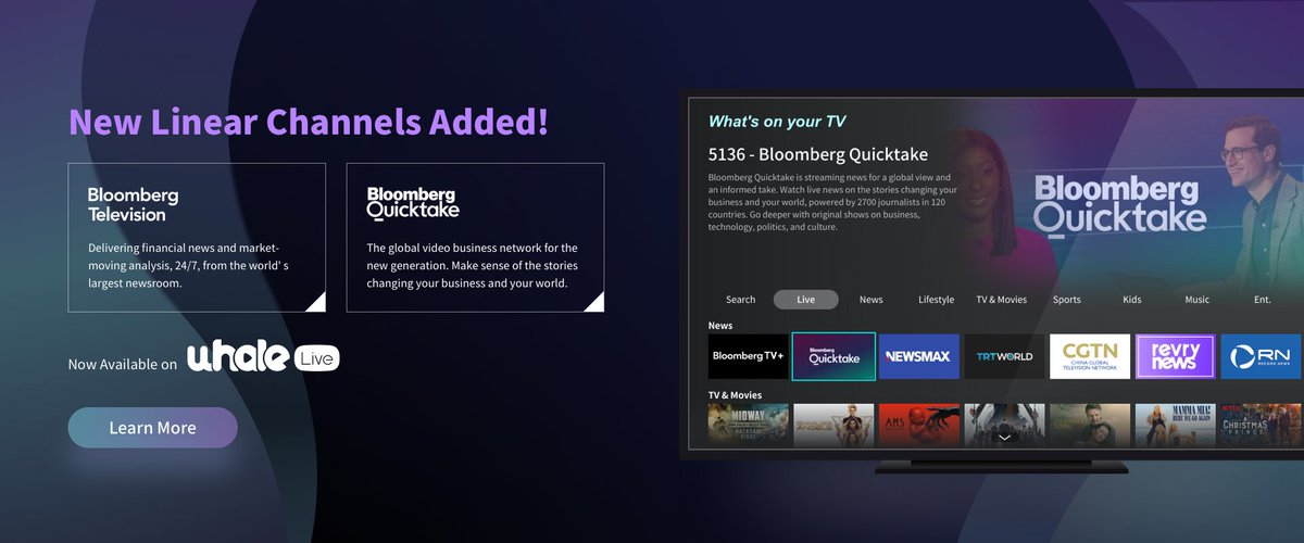 👏We are excited to partner with <a href="/Bloomberg/">Bloomberg</a>, the global business and financial information and news leader. Their linear streaming channels <a href="/BloombergTV/">Bloomberg TV</a>  and @Quicktake now available on #WhaleLive in Europe, the Middle East, Africa, and other territories 👇lnkd.in/eZ-y_-Xa